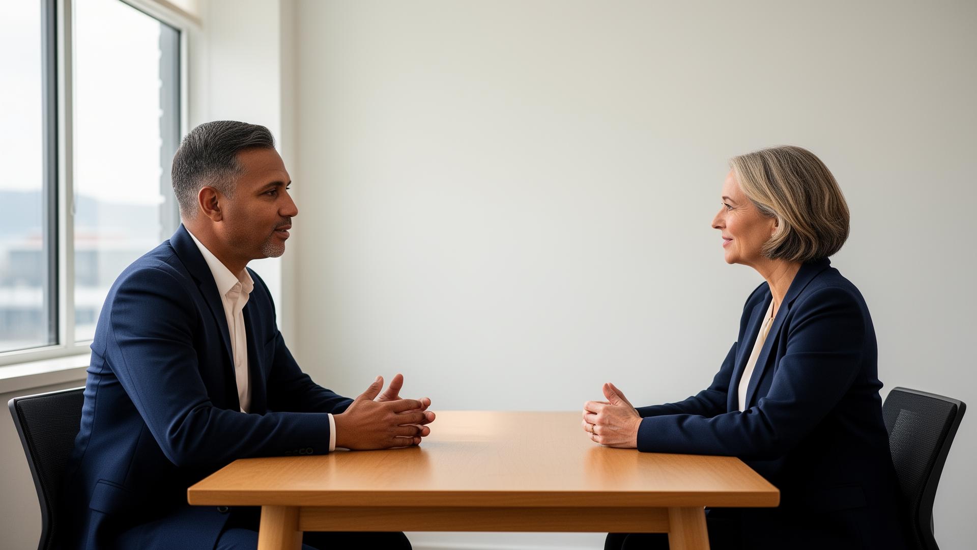Two professionals having a thoughtful workplace conversation